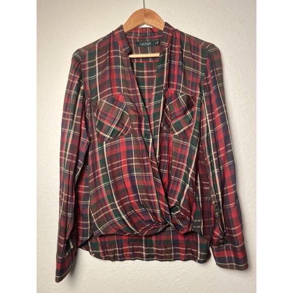 Lauren Ralph Lauren Plaid Twist Front Blouse L Red Green Long Sleeve Draped - Picture 9 of 11
